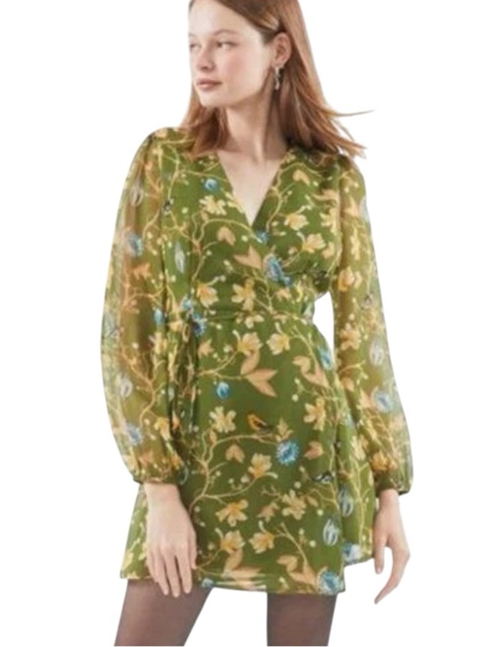 Urban Outfitters Bleeker Floral Sheer Sleeve Wrap Dress